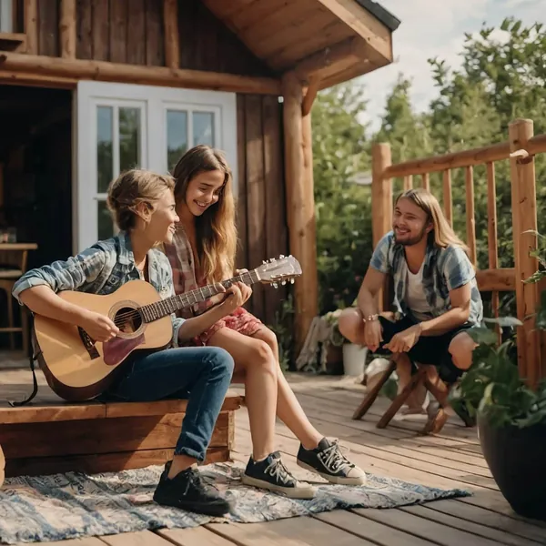Amigos haciendo música en una cabaña